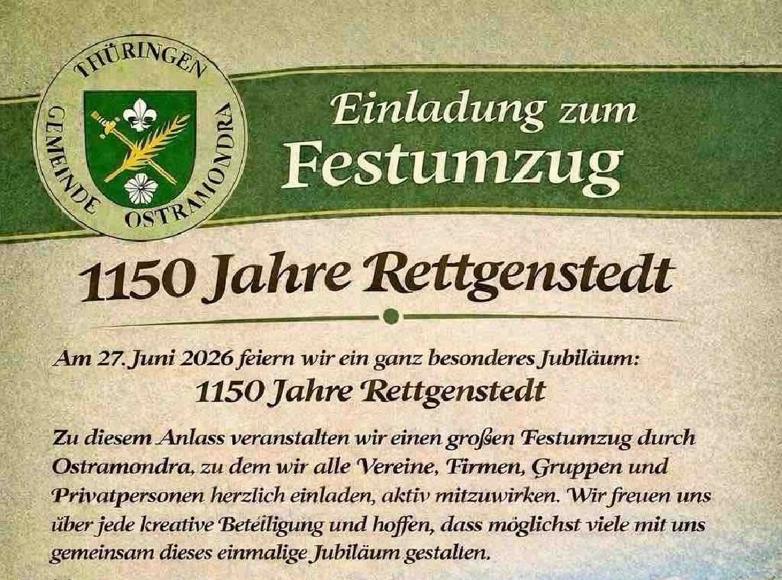 Einladung zum Festumzug 1150 Jahre Rettgenstedt