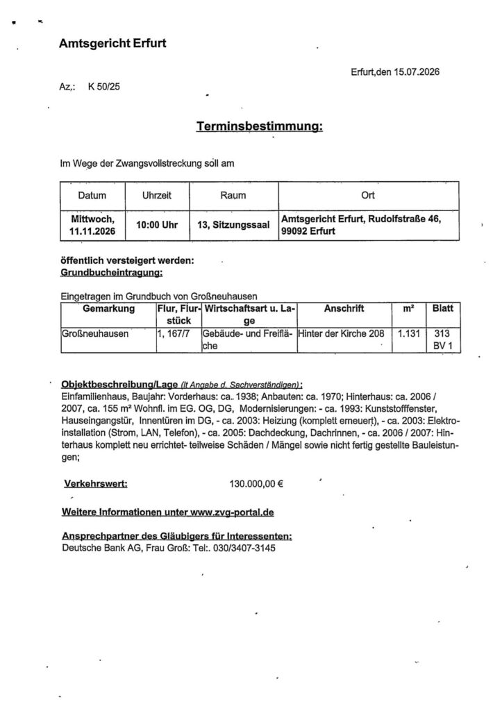 Zwangsvollstreckung in der Gemeinde Großneuhausen