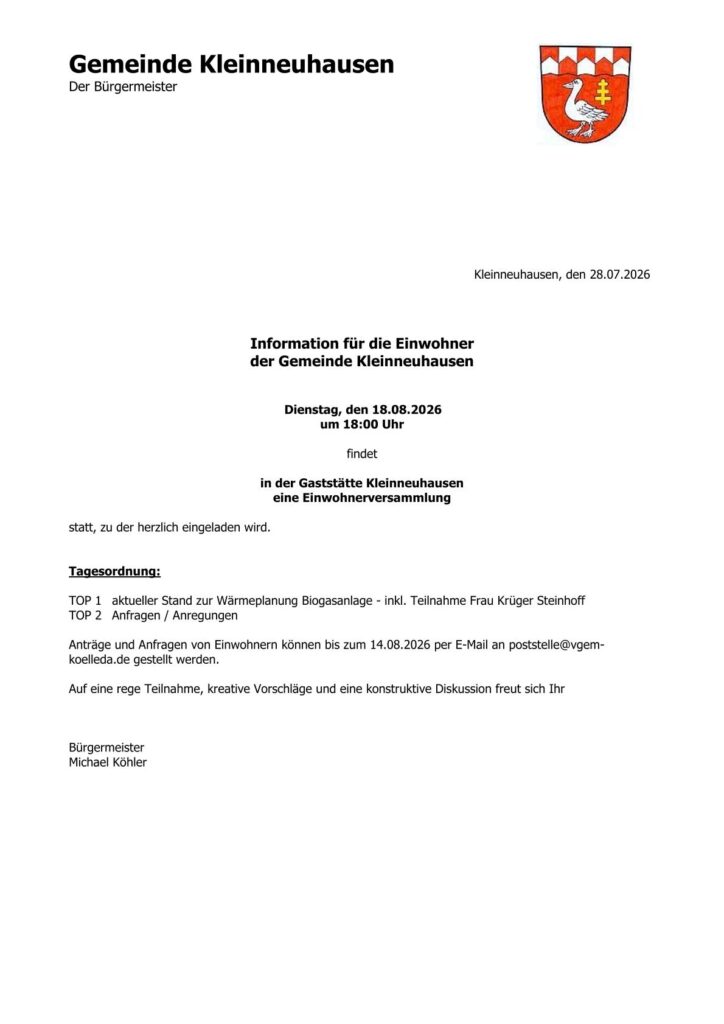 Information für die Einwohner
der Gemeinde Kleinneuhausen