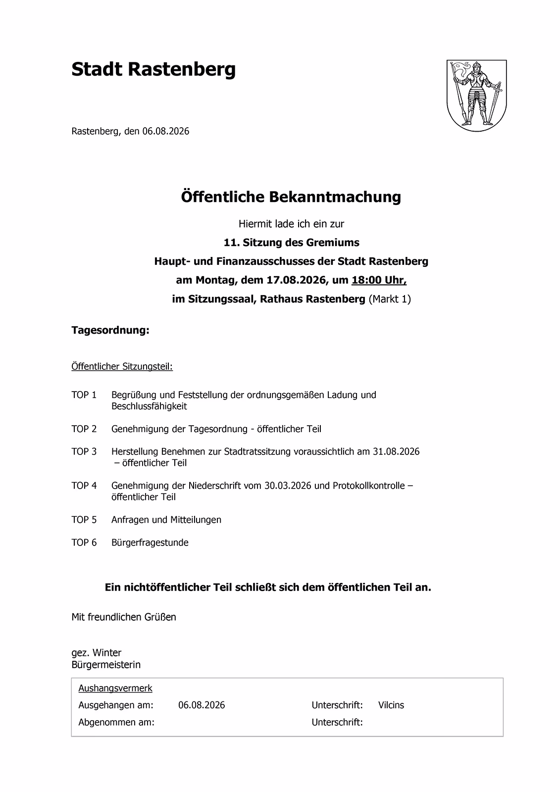 Tagesordnung vom 11. Sitzung des Gremiums Haupt- und Finanzausschusses der Stadt Rastenberg