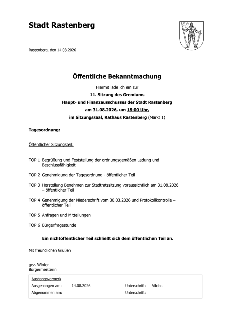 Tagesordnung vom 11. Sitzung des Gremiums Haupt- und Finanzausschusses der Stadt Rastenberg