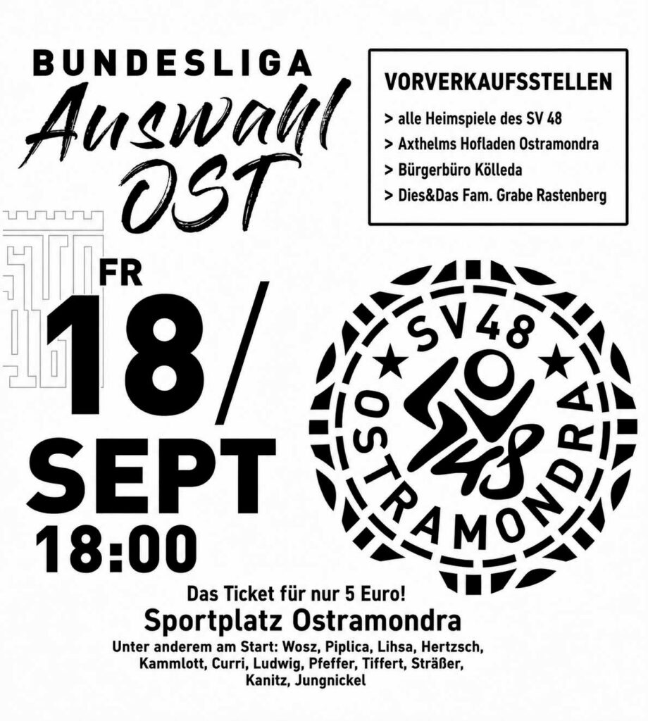 Plakat zum Fußballspiel von SV 48 Ostramondra gegen die Bundesliga-Auswahl Ost.