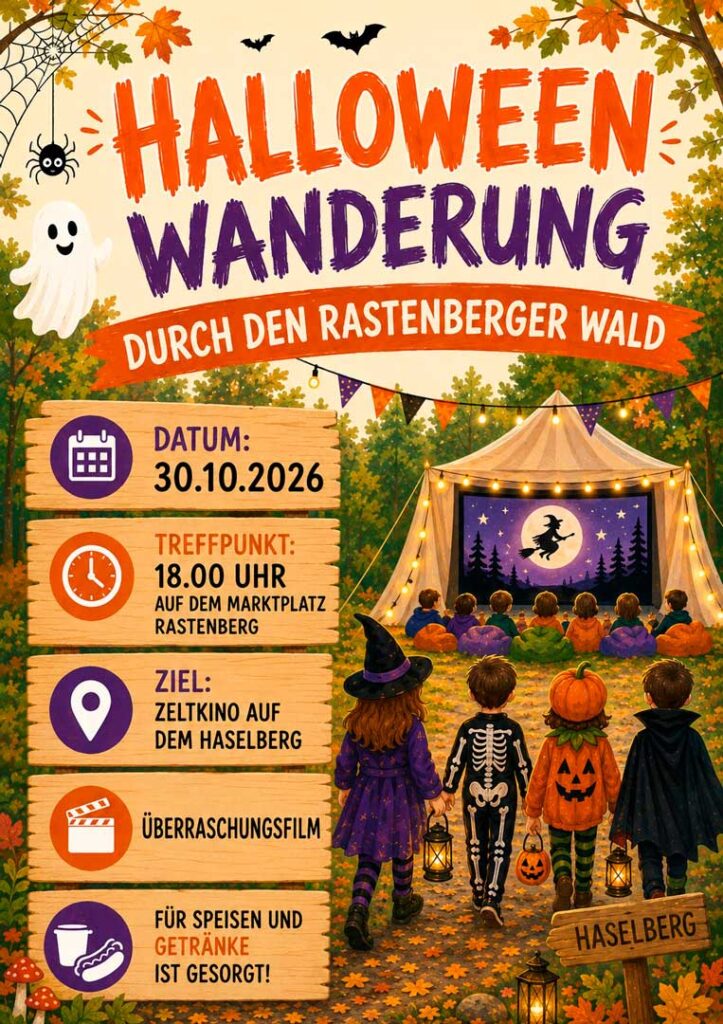 Halloween-Wanderung, wandernde Kinder laufen durch den Wald